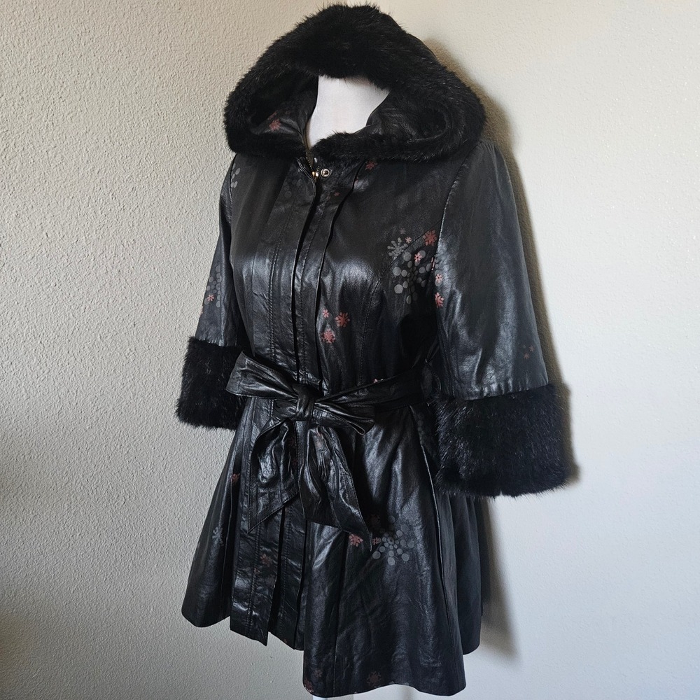Moodmill Black Leather Hooded Coat Faux Fur Trim Floral Print Sheepskin